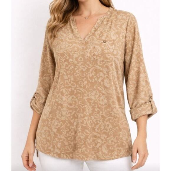 Soft Surroundings Tops - Soft Surroundings Tunic Top Womens S‎ Tan Faux Suede Floral Roll Tab Boho Chic
